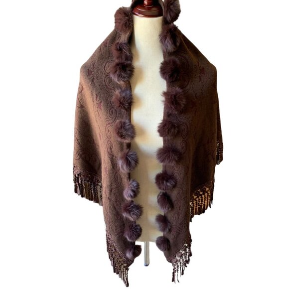 Vintage Woven Textured Fur Pom Pom with Embroidered Fringe Brown Art Shawl Brown - Picture 1 of 11